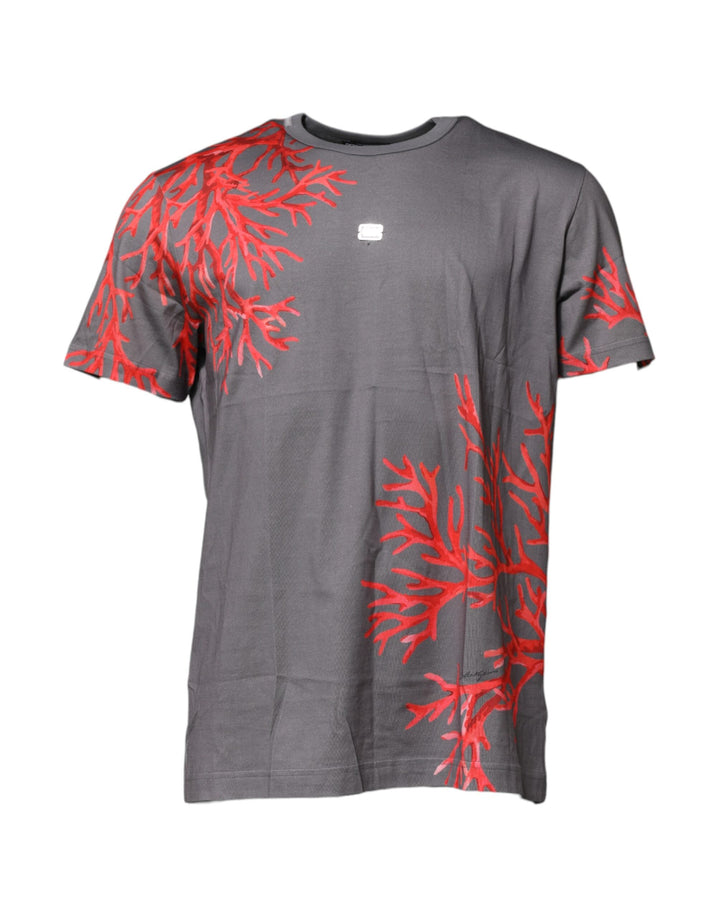 Dolce &amp; Gabbana Gray Cotton Coral Print Logo Plaque T-shirt