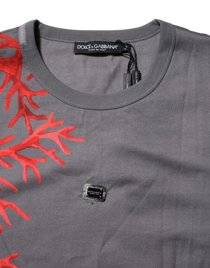 Dolce &amp; Gabbana Gray Cotton Coral Print Logo Plaque T-shirt