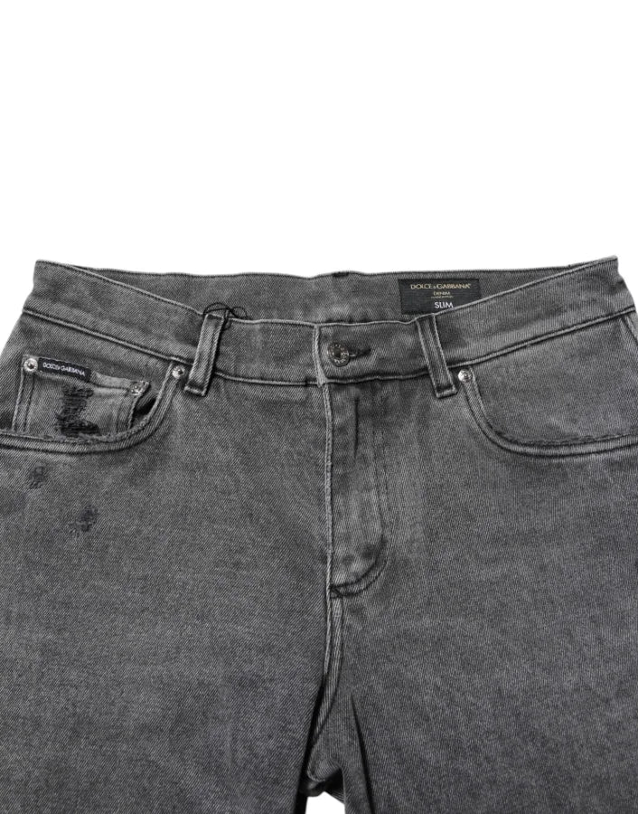 Dolce &amp; Gabbana Gray Cotton Logo Plaque Denim Jeans