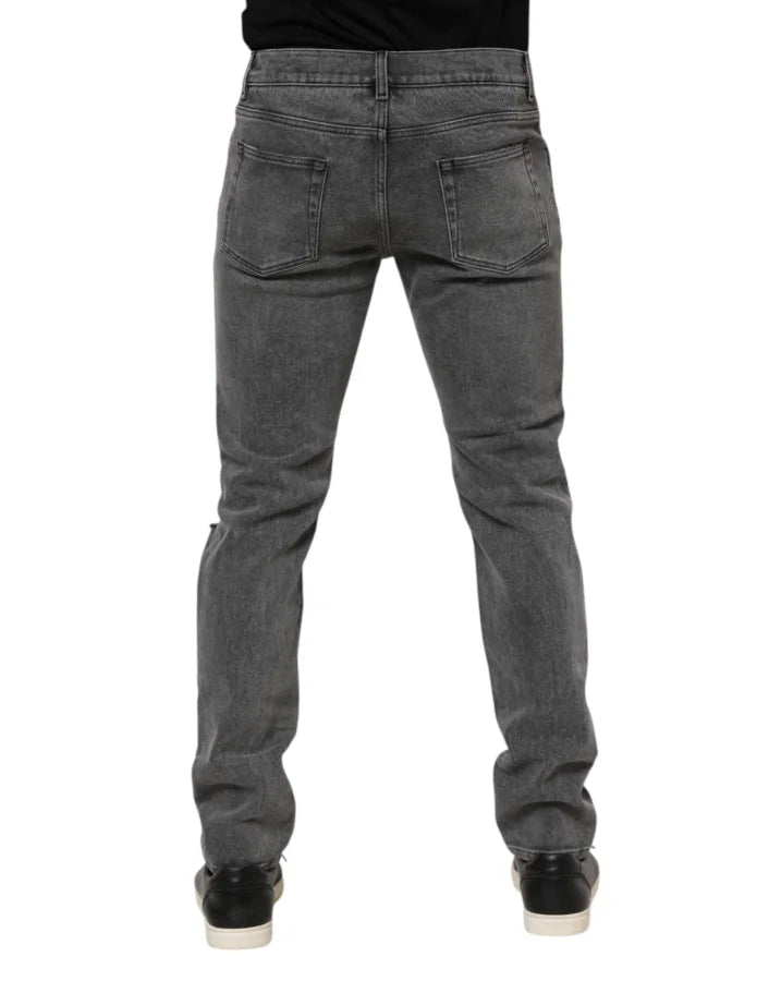 Dolce &amp; Gabbana Gray Cotton Logo Plaque Denim Jeans