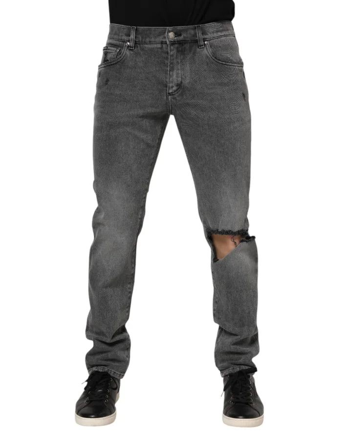 Dolce &amp; Gabbana Gray Cotton Logo Plaque Denim Jeans