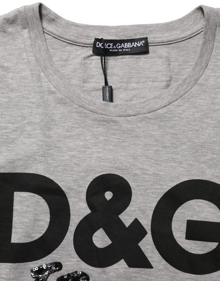 Dolce &amp; Gabbana - Gray Cotton Logo Printed Crew Neck T-shirt