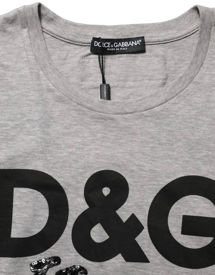 Dolce &amp; Gabbana Gray Cotton Logo Printed Crew Neck T-shirt