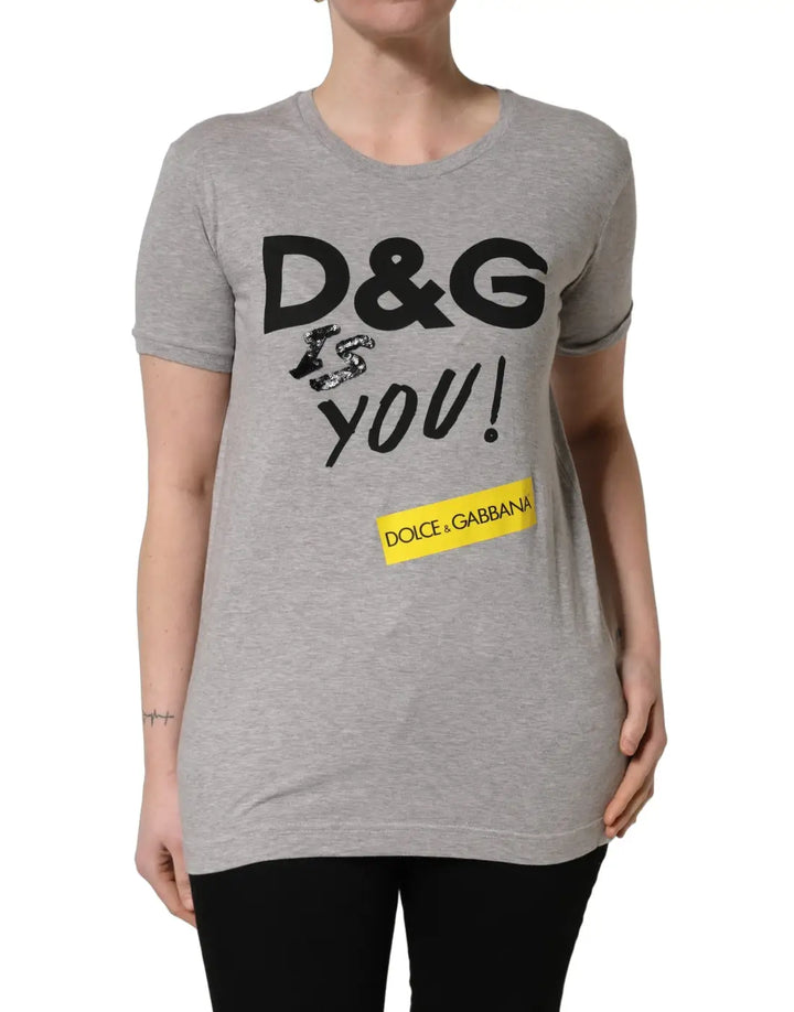 Dolce &amp; Gabbana Gray Cotton Logo Printed Crew Neck T-shirt