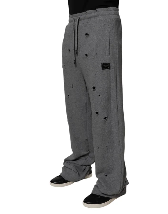 Dolce &amp; Gabbana Gray Cotton RipStyle Straight Sweatpants Pants