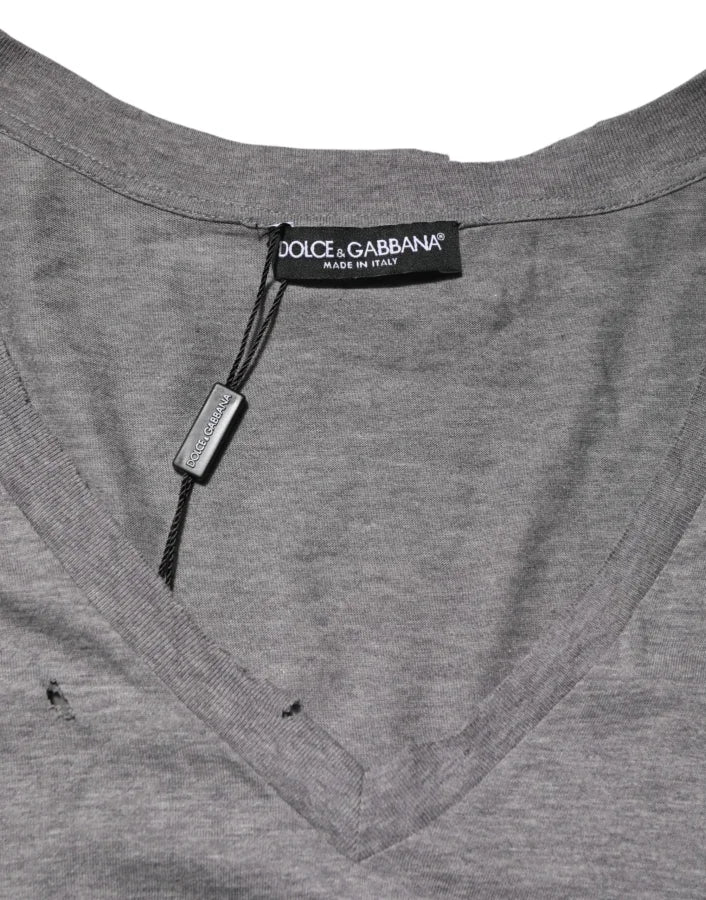 Dolce &amp; Gabbana Gray Cotton Tattered Logo Patch Men T-shirt