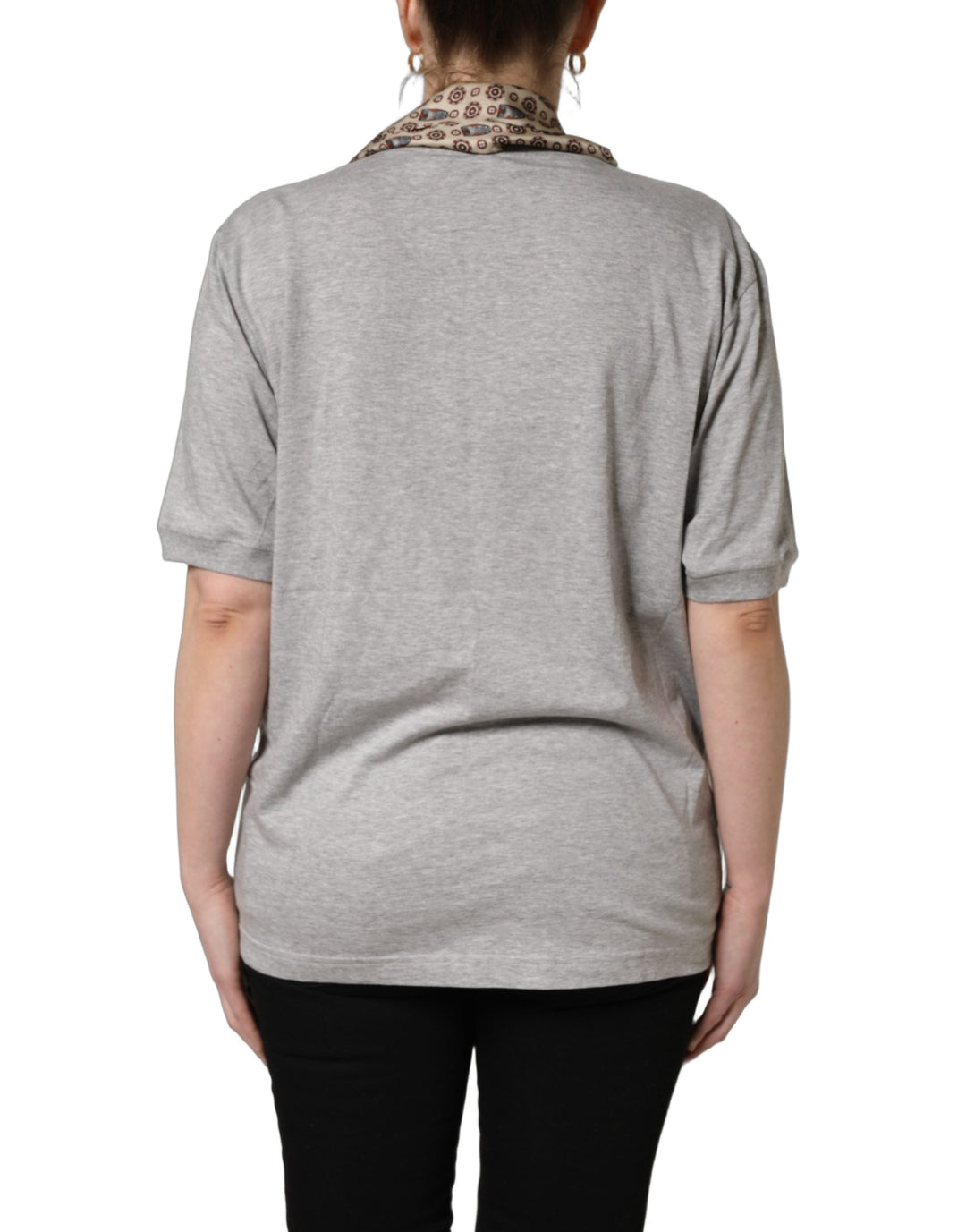 Dolce &amp; Gabbana - Gray Cotton V-neck Owl Silk Scarf Top T-shirt