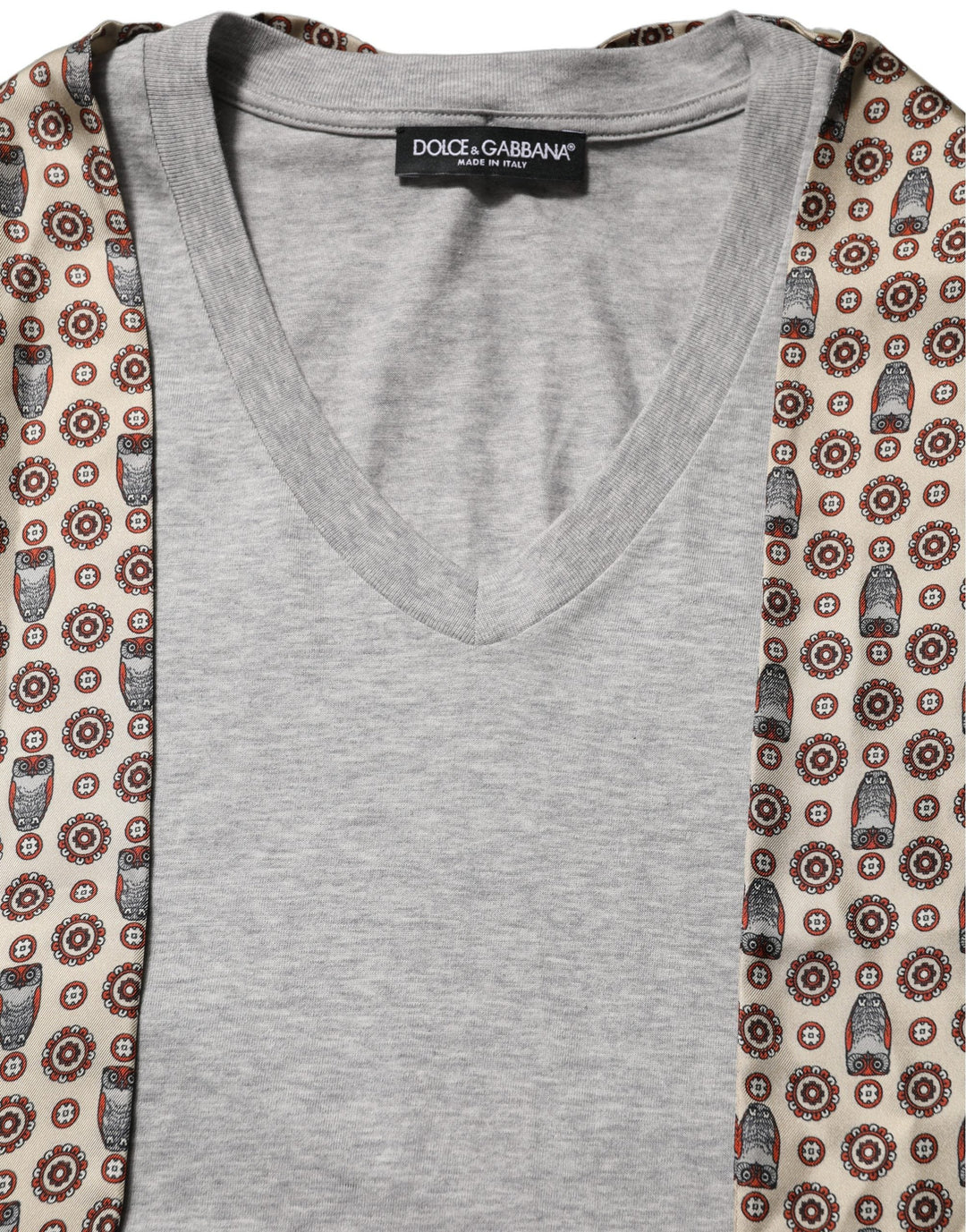 Dolce &amp; Gabbana - Gray Cotton V-neck Owl Silk Scarf Top T-shirt