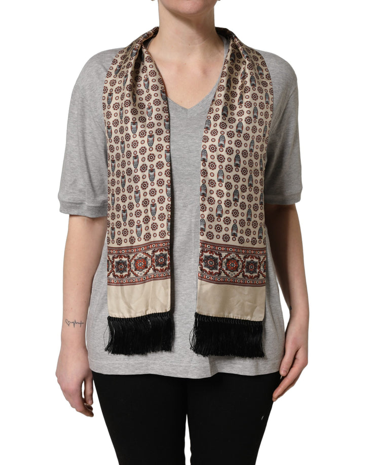 Dolce &amp; Gabbana - Gray Cotton V-neck Owl Silk Scarf Top T-shirt