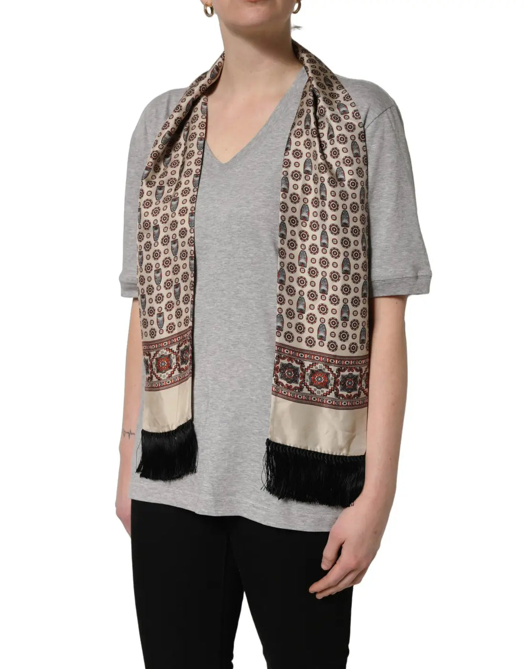 Dolce &amp; Gabbana Gray Cotton V-neck Owl Silk Scarf Top T-shirt