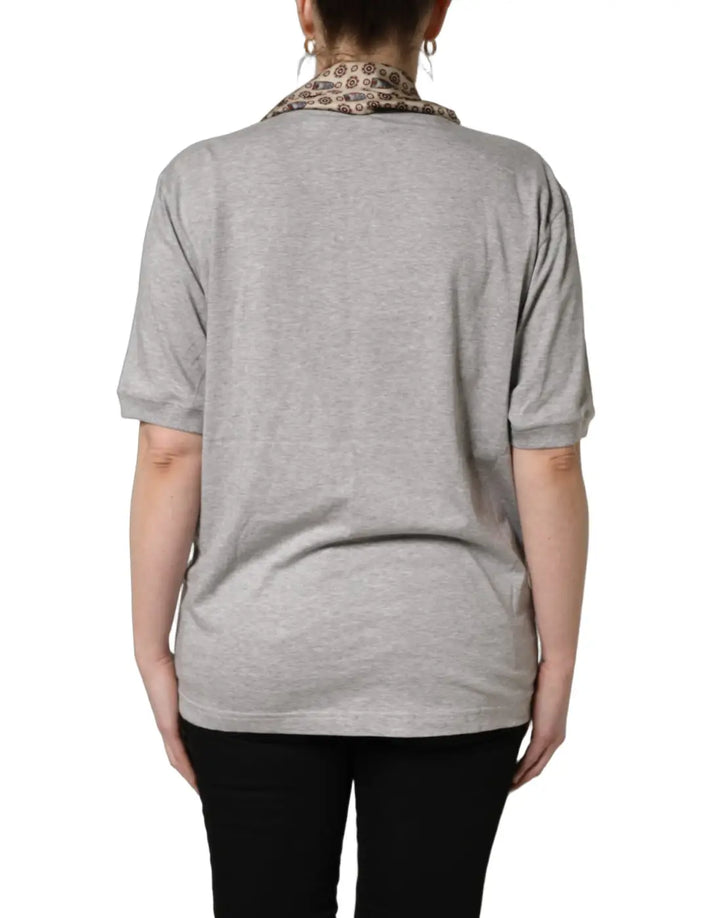 Dolce &amp; Gabbana Gray Cotton V-neck Owl Silk Scarf Top T-shirt