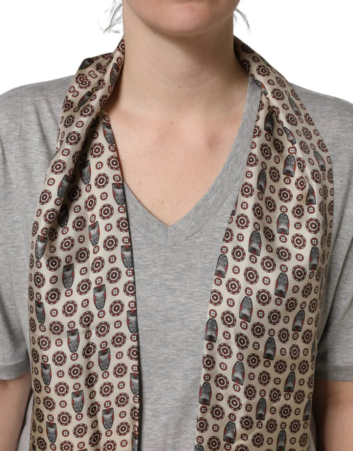 Dolce &amp; Gabbana Gray Cotton V-neck Owl Silk Scarf Top T-shirt