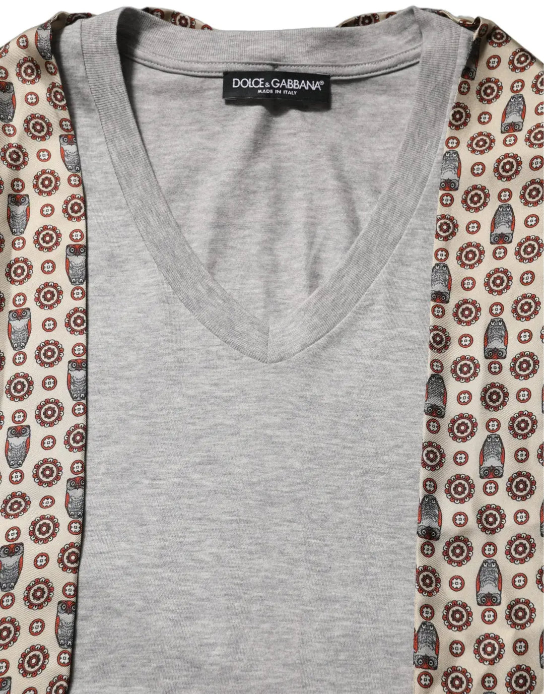 Dolce &amp; Gabbana Gray Cotton V-neck Owl Silk Scarf Top T-shirt