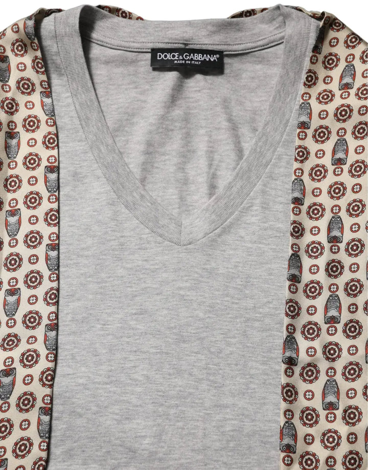 Dolce &amp; Gabbana Gray Cotton V-neck Owl Silk Scarf Top T-shirt