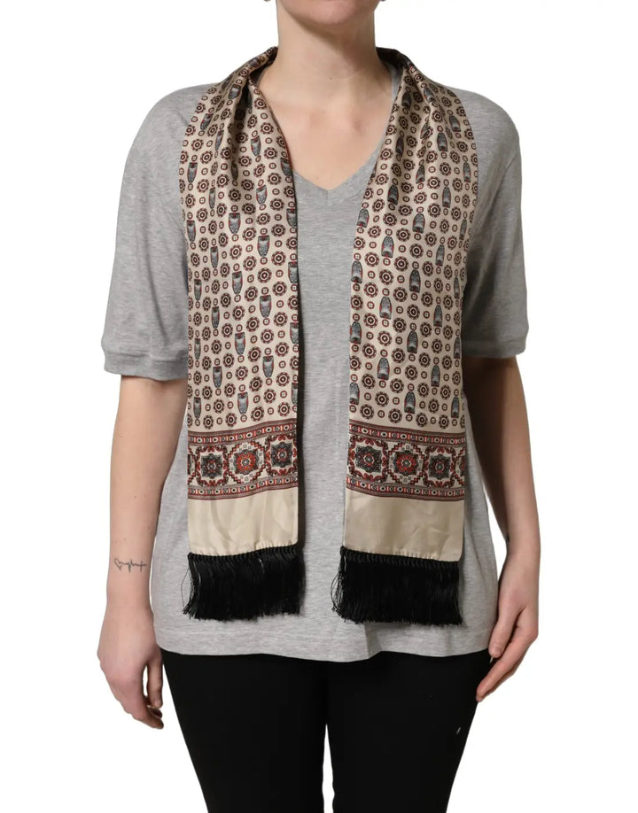 Dolce &amp; Gabbana Gray Cotton V-neck Owl Silk Scarf Top T-shirt
