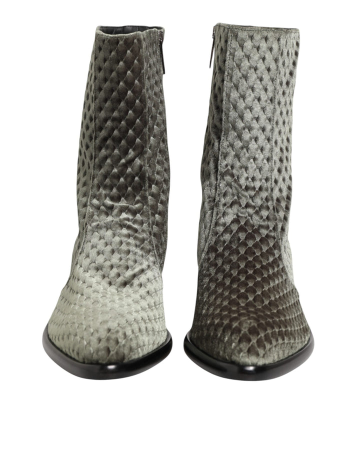 Dolce &amp; Gabbana Gray Cotton Velvet Mid Calf Short Boots Shoes