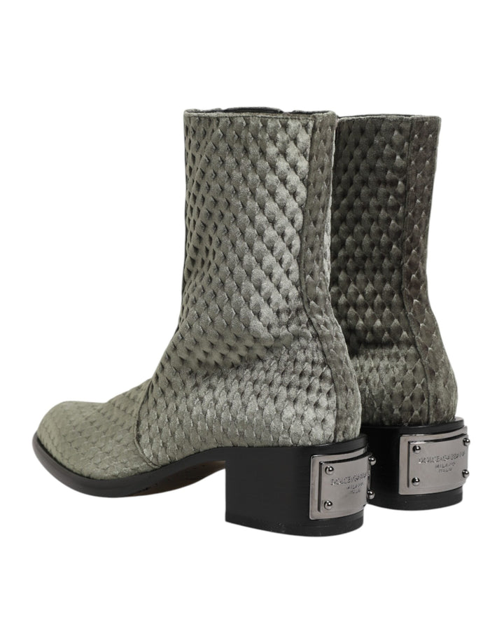 Dolce &amp; Gabbana Gray Cotton Velvet Mid Calf Short Boots Shoes