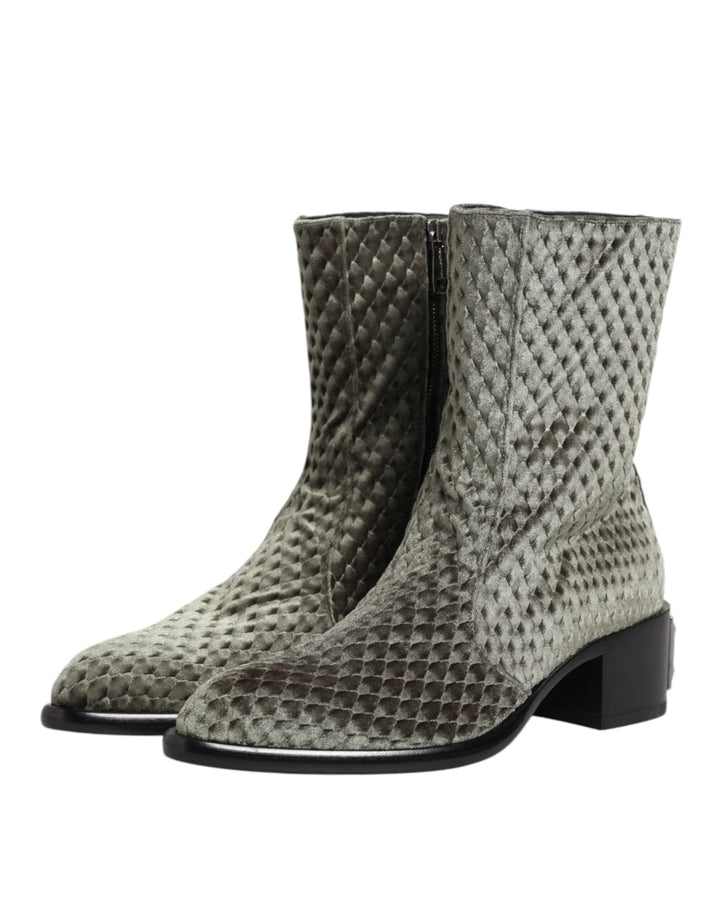 Dolce &amp; Gabbana Gray Cotton Velvet Mid Calf Short Boots Shoes