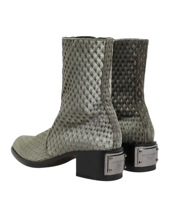 Dolce &amp; Gabbana Gray Cotton Velvet Mid Calf Short Boots Shoes