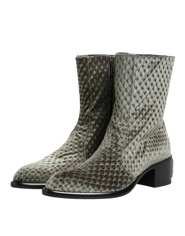 Dolce &amp; Gabbana Gray Cotton Velvet Mid Calf Short Boots Shoes