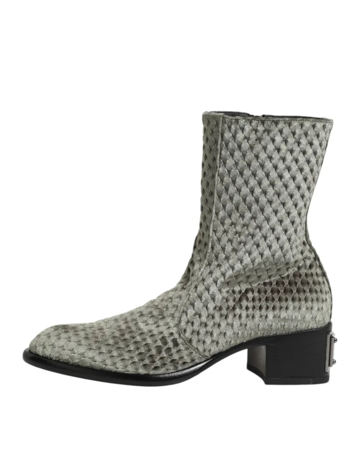 Dolce &amp; Gabbana Gray Cotton Velvet Mid Calf Short Boots Shoes