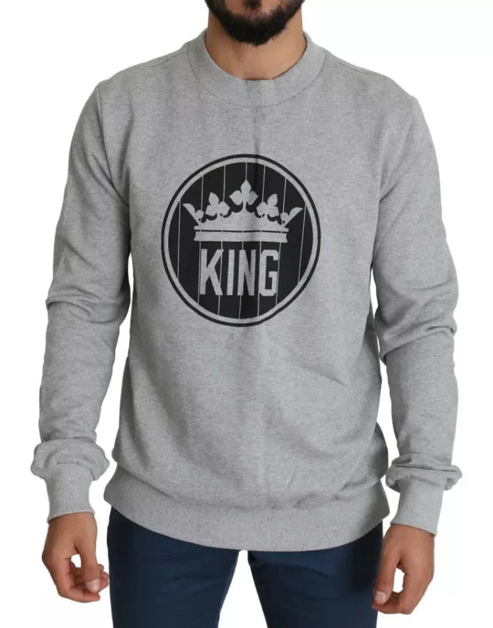 Dolce &amp; Gabbana Gray Crown King Print Cotton Pullover Sweater