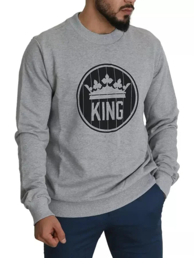 Dolce &amp; Gabbana Gray Crown King Print Cotton Pullover Sweater