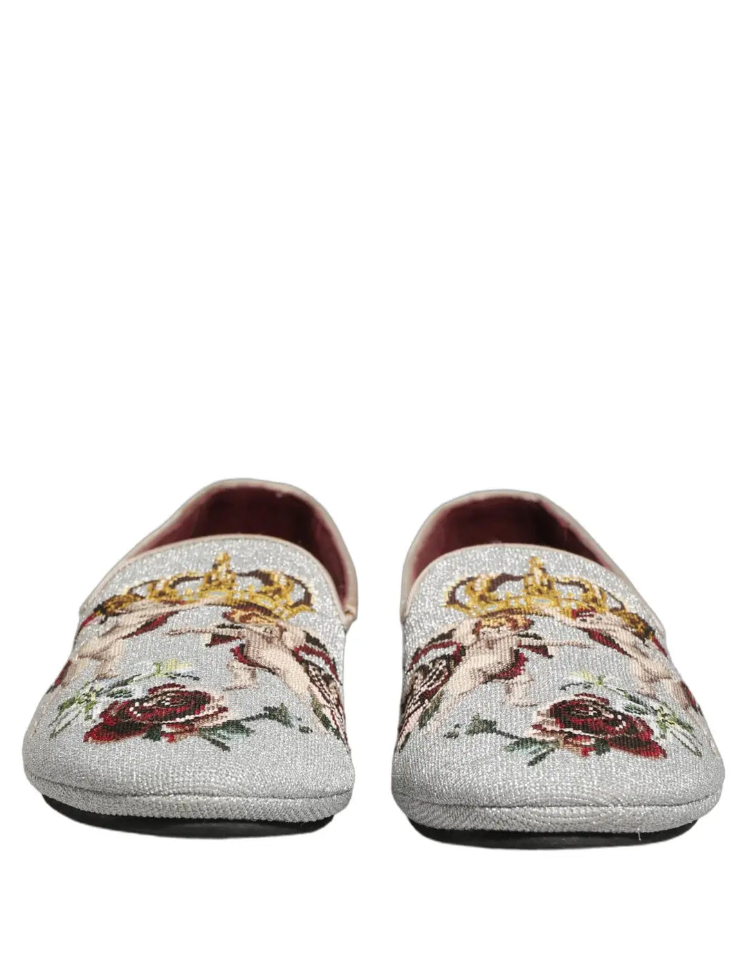 Dolce &amp; Gabbana Gray Crown Rose Angel Embroidery Loafer Shoes