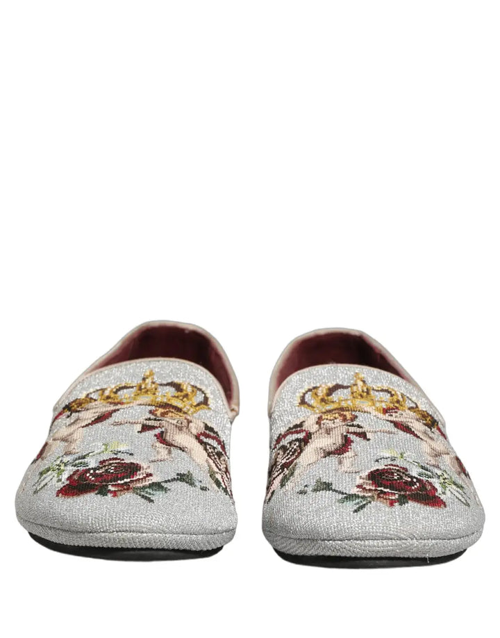 Dolce &amp; Gabbana Gray Crown Rose Angel Embroidery Loafer Shoes