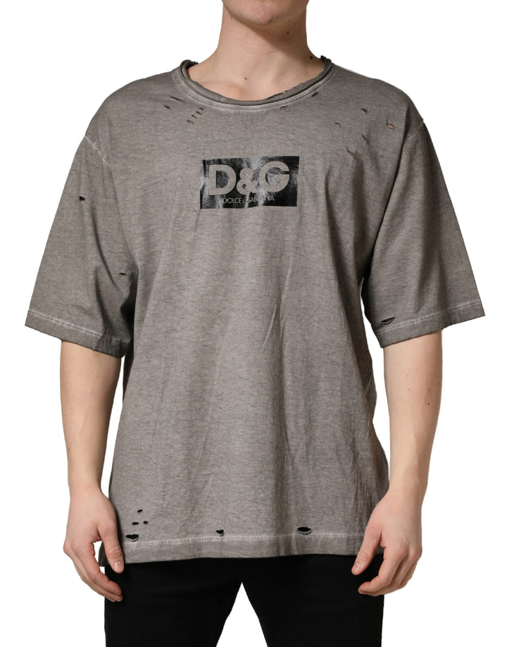 Dolce &amp; Gabbana Gray Dg Logo Print Cotton Round Neck T-shirt