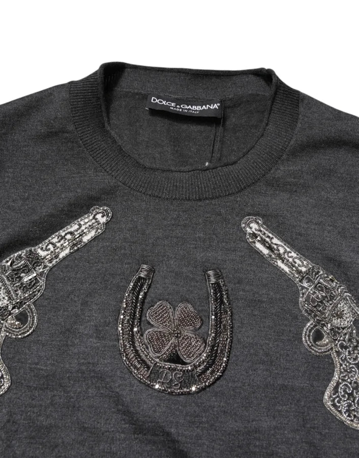 Dolce &amp; Gabbana Gray Embroidery Knit Men Pullover Sweater