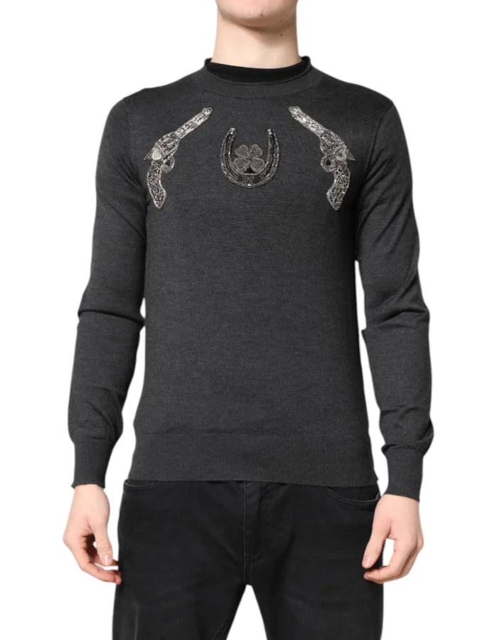Dolce &amp; Gabbana Gray Embroidery Knit Men Pullover Sweater