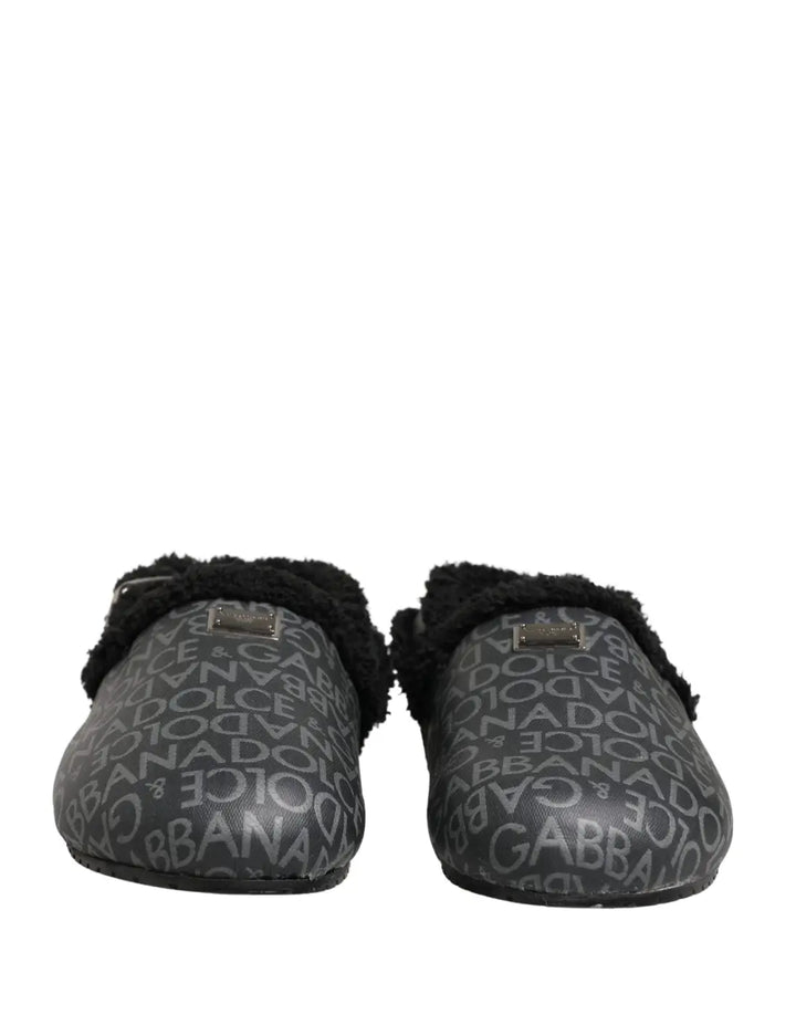Dolce &amp; Gabbana Gray Faux Fur Jacquard Mules Sandals Shoes
