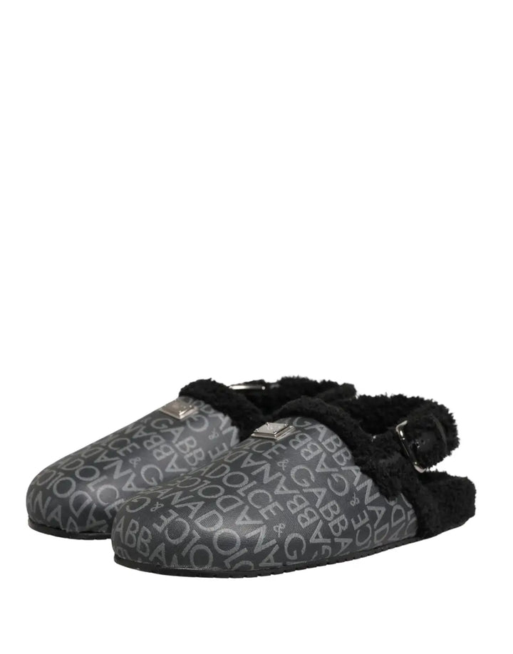 Dolce &amp; Gabbana Gray Faux Fur Jacquard Mules Sandals Shoes