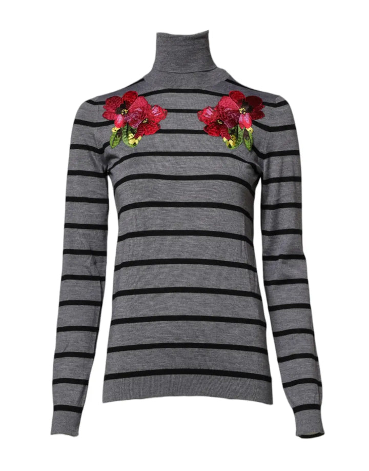 Dolce &amp; Gabbana Gray Floral Embroidery Pullover Sweater
