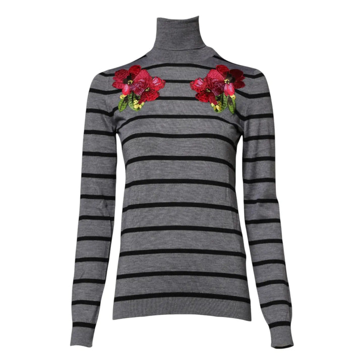 Dolce &amp; Gabbana Gray Floral Embroidery Pullover Sweater