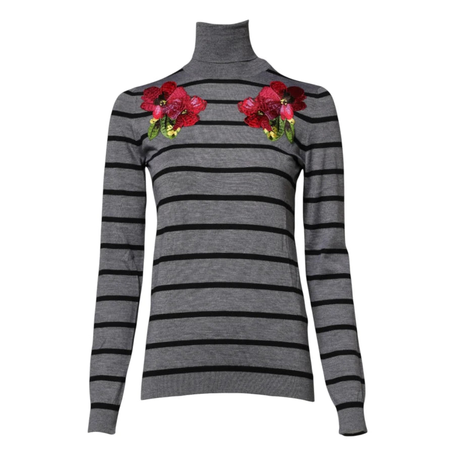 Dolce &amp; Gabbana Gray Floral Embroidery Pullover Sweater
