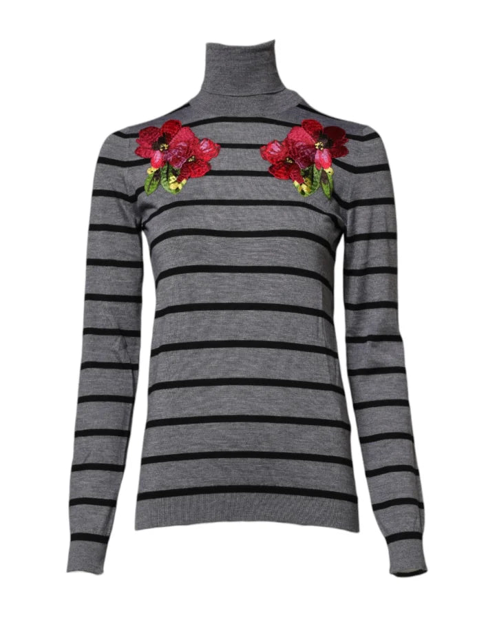 Dolce &amp; Gabbana Gray Floral Embroidery Pullover Sweater
