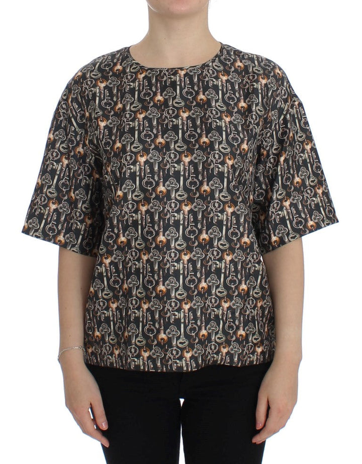 Dolce &amp; Gabbana - Gray Gold Key Print Silk Blouse T-shirt