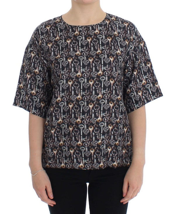Dolce & Gabbana - Gray Gold Key Print Silk Blouse T-shirt