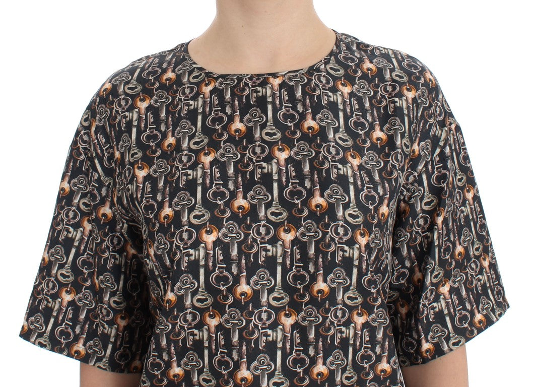 Dolce &amp; Gabbana - Gray Gold Key Print Silk Blouse T-shirt