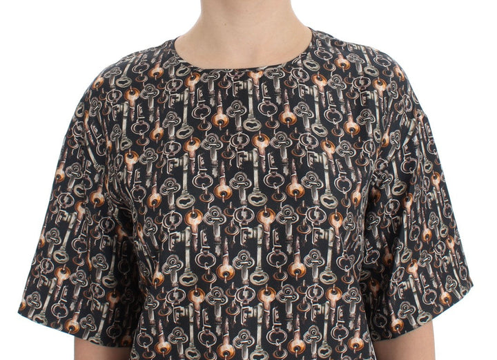 Dolce &amp; Gabbana - Gray Gold Key Print Silk Blouse T-shirt