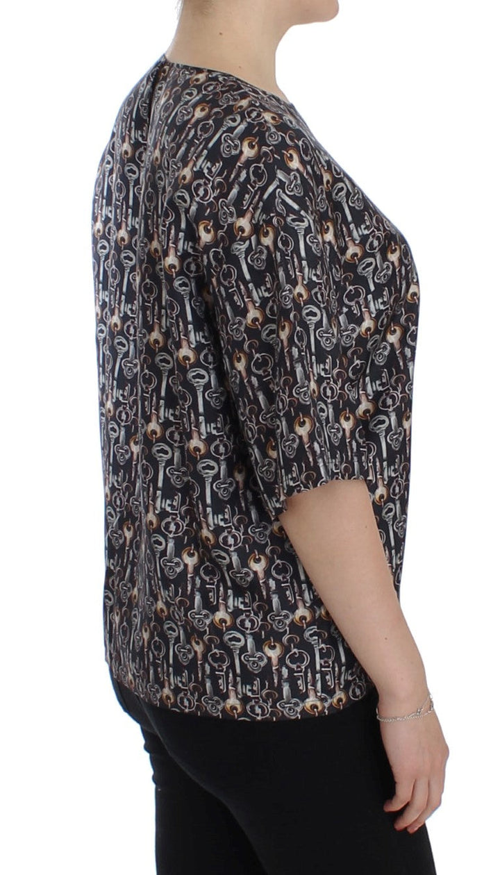 Dolce &amp; Gabbana - Gray Gold Key Print Silk Blouse T-shirt