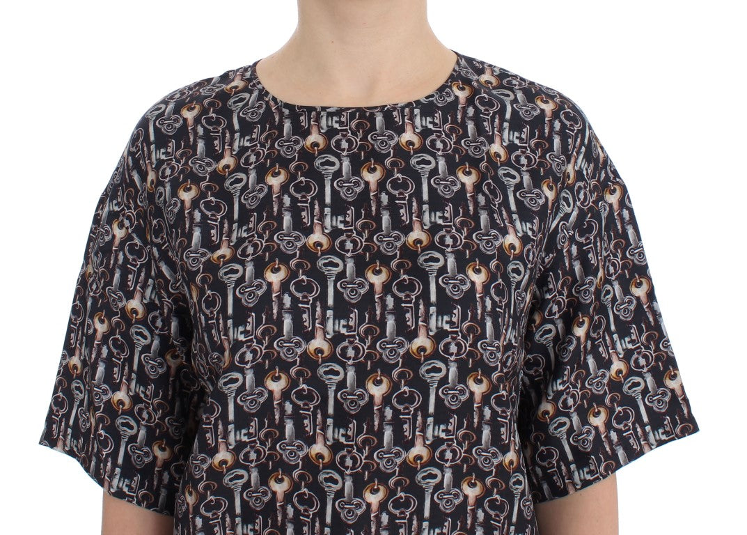 Dolce &amp; Gabbana - Gray Gold Key Print Silk Blouse T-shirt
