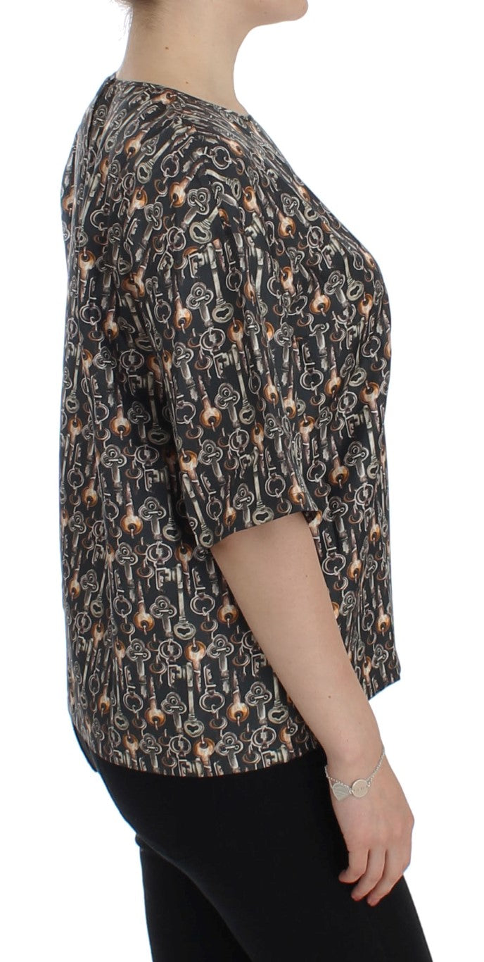 Dolce &amp; Gabbana - Gray Gold Key Print Silk Blouse T-shirt