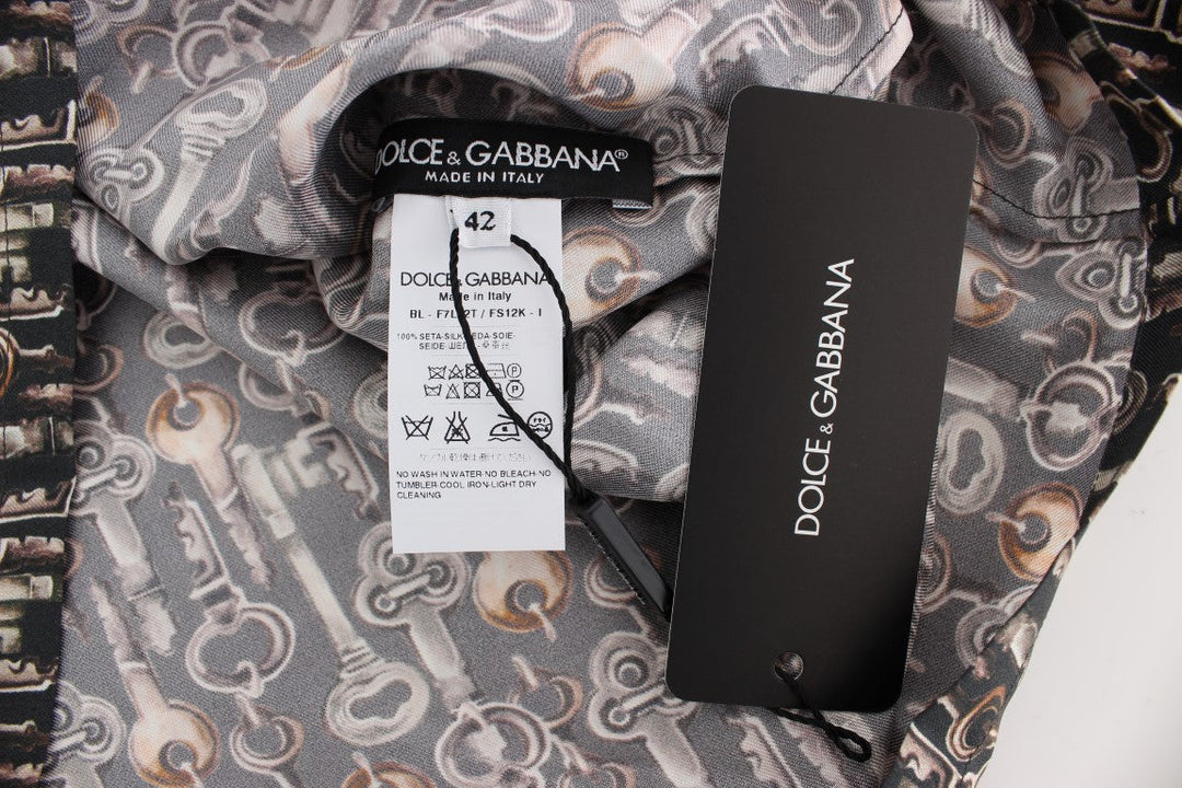 Dolce &amp; Gabbana - Gray Gold Key Print Silk Blouse T-shirt