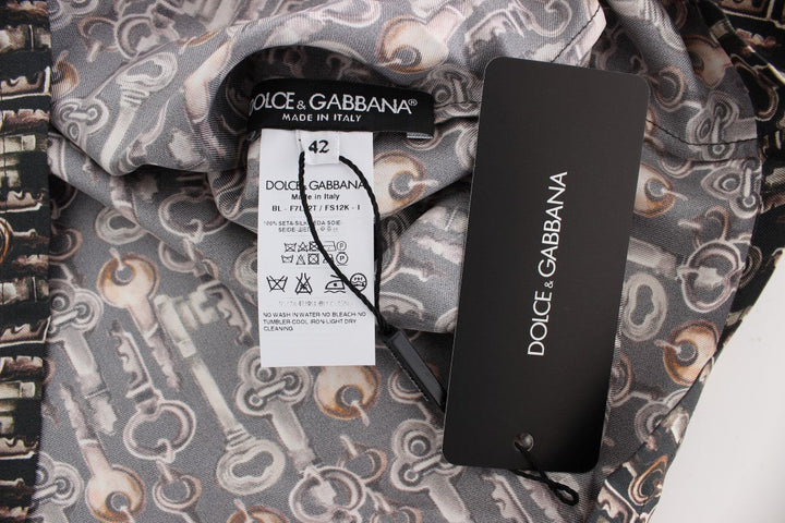 Dolce &amp; Gabbana - Gray Gold Key Print Silk Blouse T-shirt