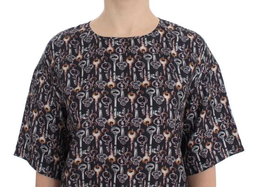 Dolce &amp; Gabbana Gray Gold Key Print Silk Blouse T-shirt