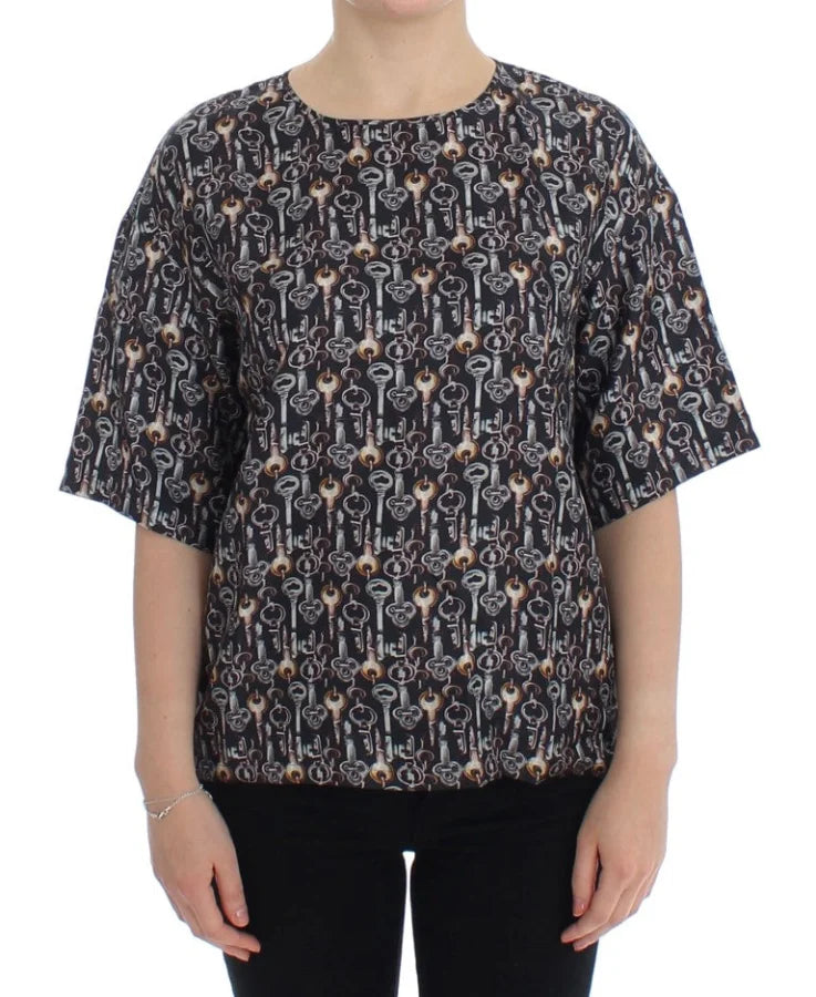 Dolce &amp; Gabbana Gray Gold Key Print Silk Blouse T-shirt