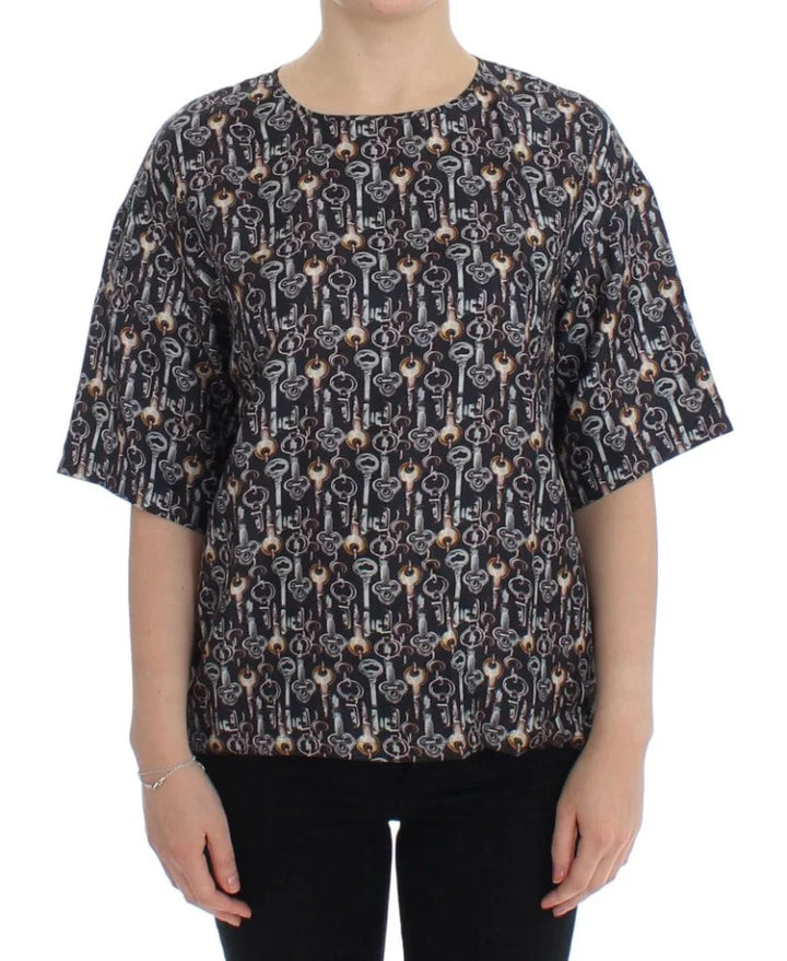 Dolce &amp; Gabbana Gray Gold Key Print Silk Blouse T-shirt